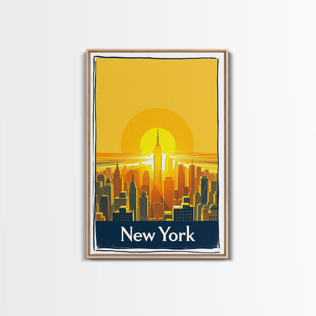 New York Travel Poster, Framed Canvas Print, Golden Travel Poster Art, New York Art Print, City Travel Prints, Watercolor Skyline