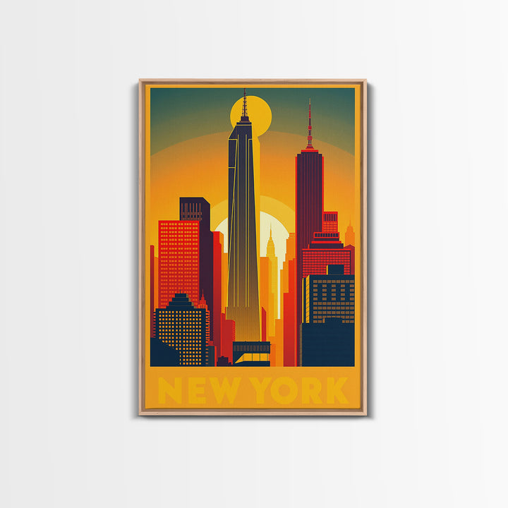 New York Travel Poster, Framed Canvas Print, Golden Travel Poster Art, New York Art Print, Vintage City Art, City Illustration
