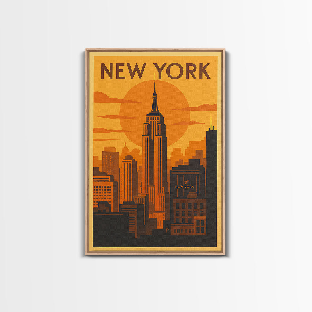 New York Travel Poster, Canvas Print, Warm Sunset Silhouette Art, New York Travel Art, Mid Century Wall Art, Modern Wall Decor