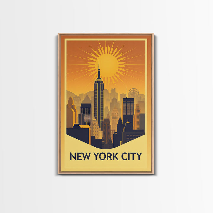 New York Travel Poster, Framed Canvas Print, Warm Sunset Silhouette Art, New York City Art, Travel Poster Set, Mid Century Wall Art