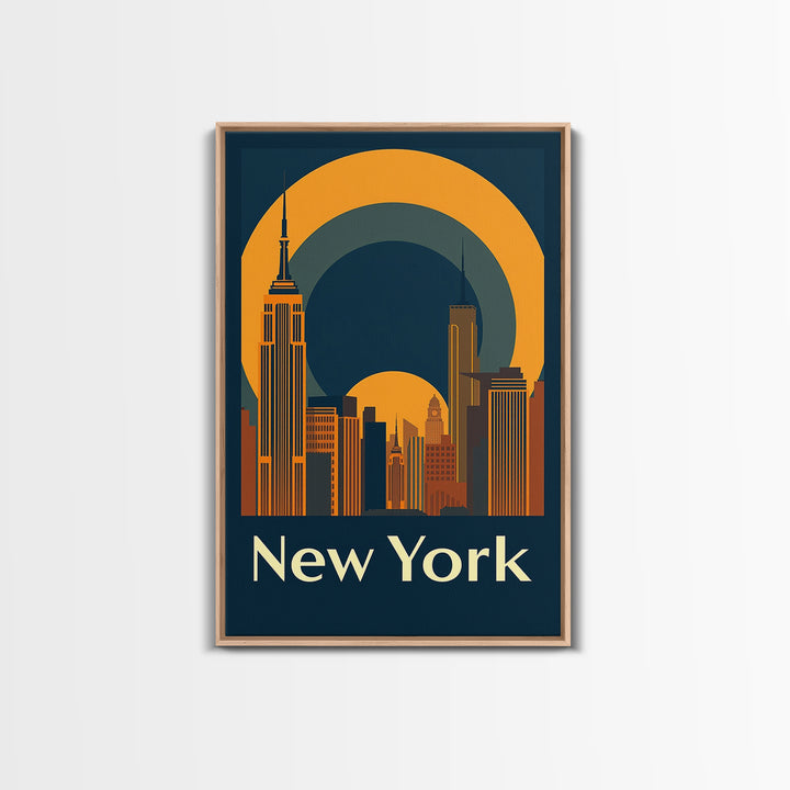 New York Travel Poster, Framed Canvas Print, Warm Sunset Silhouette Art, New York Poster Print, Vintage City Poster, City Travel Prints