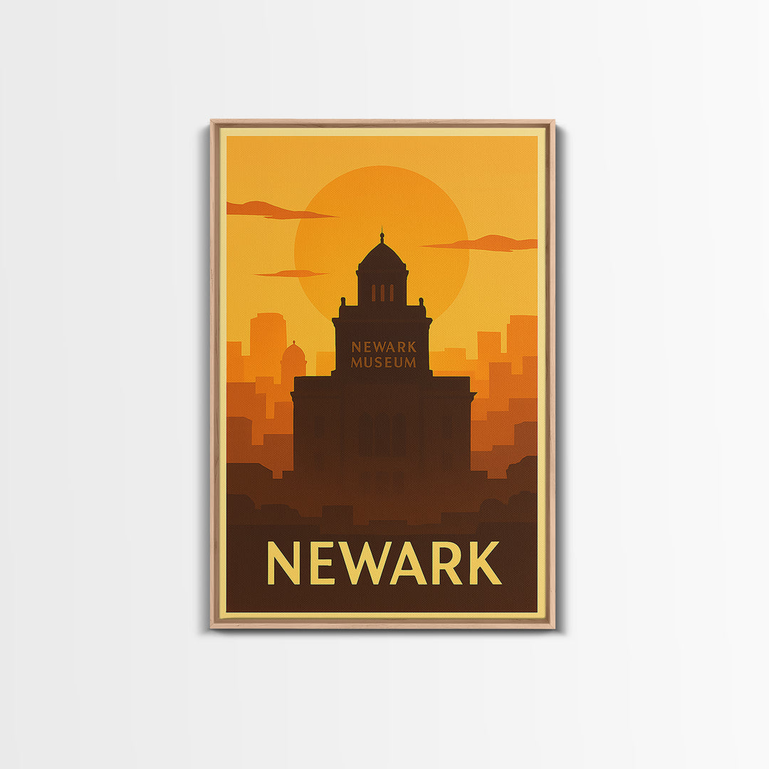 Newark Travel Poster, Framed Canvas Print, Warm Sunset Silhouette Art, Newark City Art, Home Office Decor, Gift For Travelers, Design 2