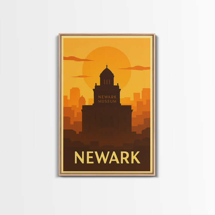 Newark Travel Poster, Framed Canvas Print, Warm Sunset Silhouette Art, Newark City Art, Home Office Decor, Gift For Travelers, Design 2