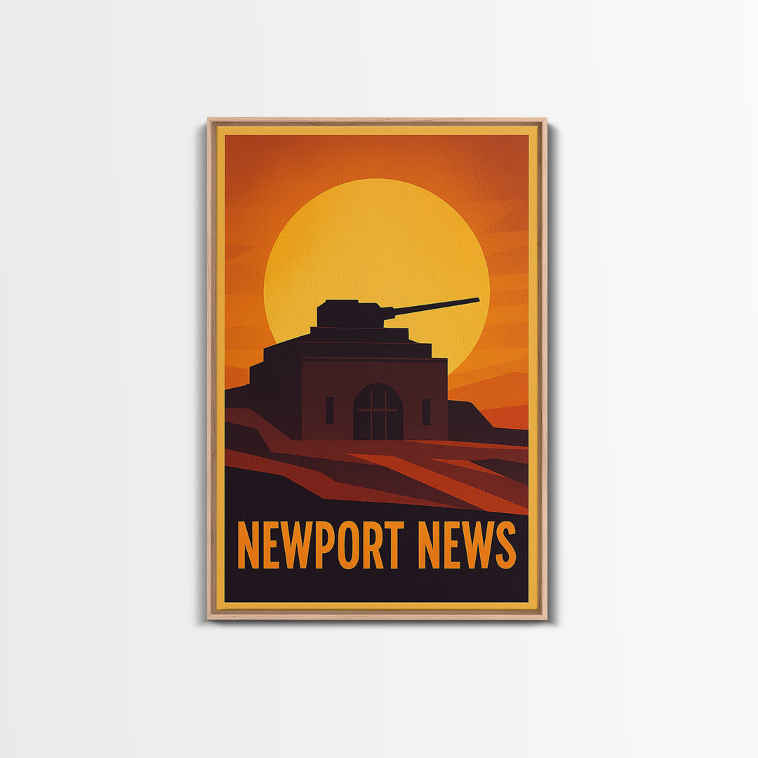 Newport News Travel Poster, Framed Canvas Print, Warm Sunset Silhouette Art, Newport News City Art, Travel Wall Decor, City Illustration