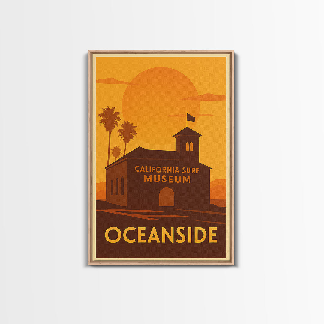 Oceanside Travel Poster, Framed Canvas Print, Warm Sunset Silhouette Art, Oceanside Travel Art, Vintage City Poster, Travel Poster Art