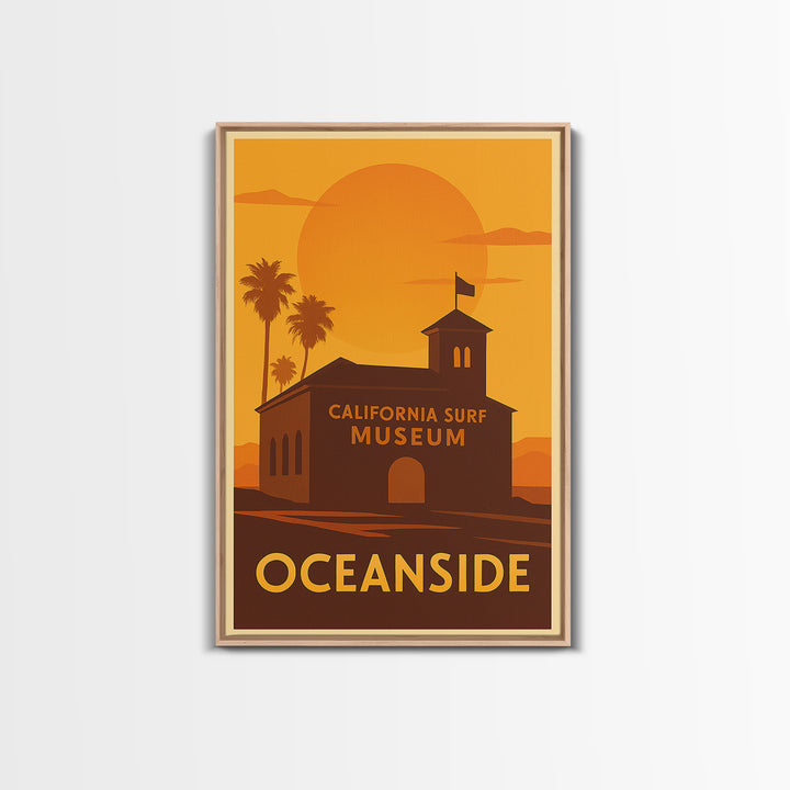 Oceanside Travel Poster, Framed Canvas Print, Warm Sunset Silhouette Art, Oceanside Travel Art, Vintage City Poster, Travel Poster Art