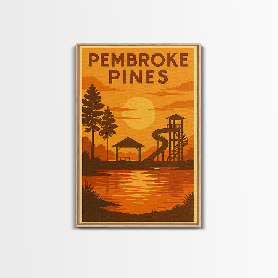 Pembroke Pines Florida Travel Poster, Canvas Print, Warm Sunset Silhouette Art, Pembroke Pines Wall Art, Retro Travel Print, City Poster