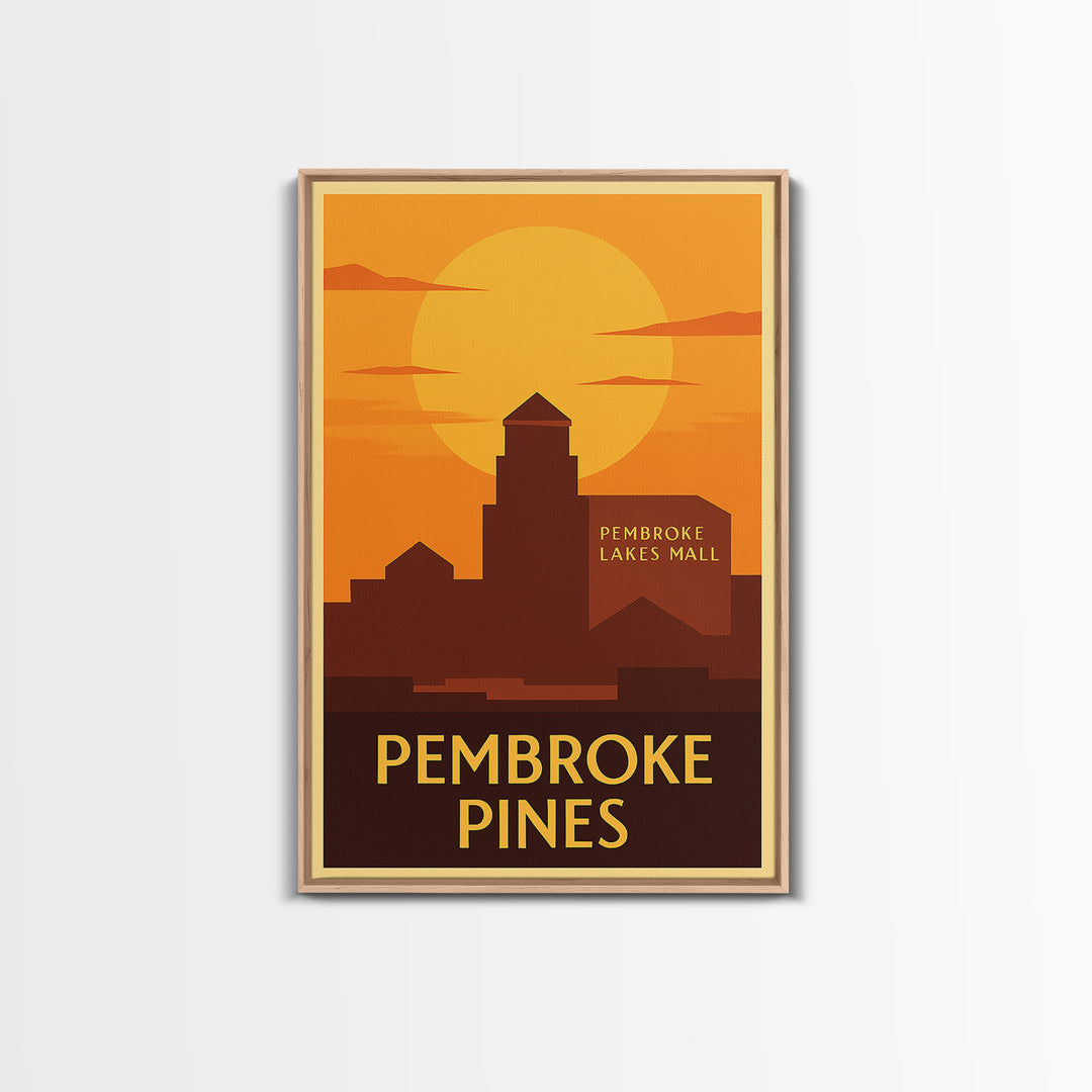 Pembroke Pines Travel Poster, Framed Canvas Print, Warm Sunset Silhouette Art, Pembroke Pines City Art, City Art Print, City Illustration