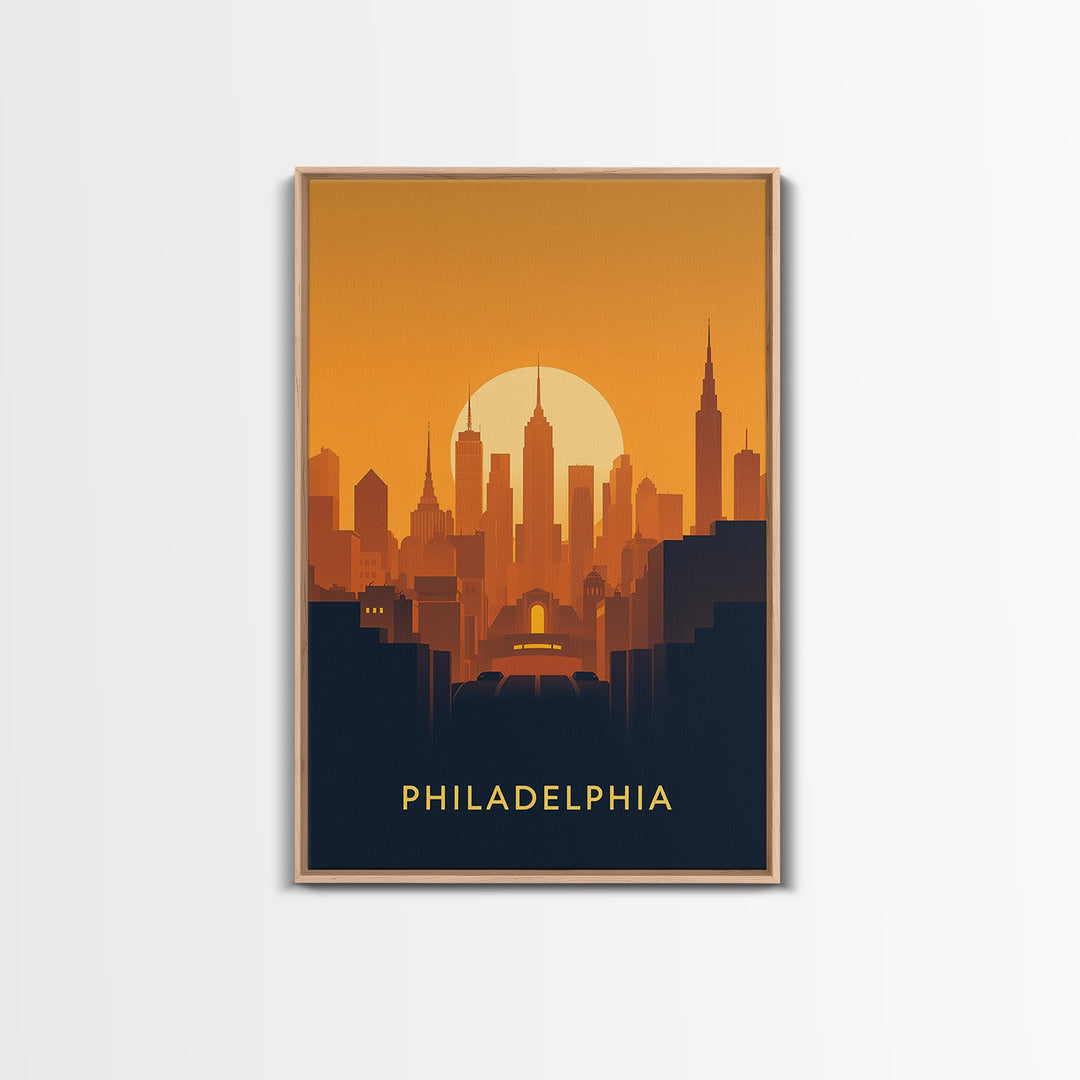 Philadelphia Travel Poster, Framed Canvas Print, Warm Sunset Silhouette Art, Philadelphia Travel Art, Modern Wall Decor, Travel Wall Art