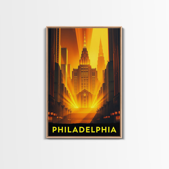 Philadelphia Travel Poster, Framed Canvas Print, Gold Art Deco Poster Art, Philadelphia City Art, Travel Art Print, Vintage City Poster