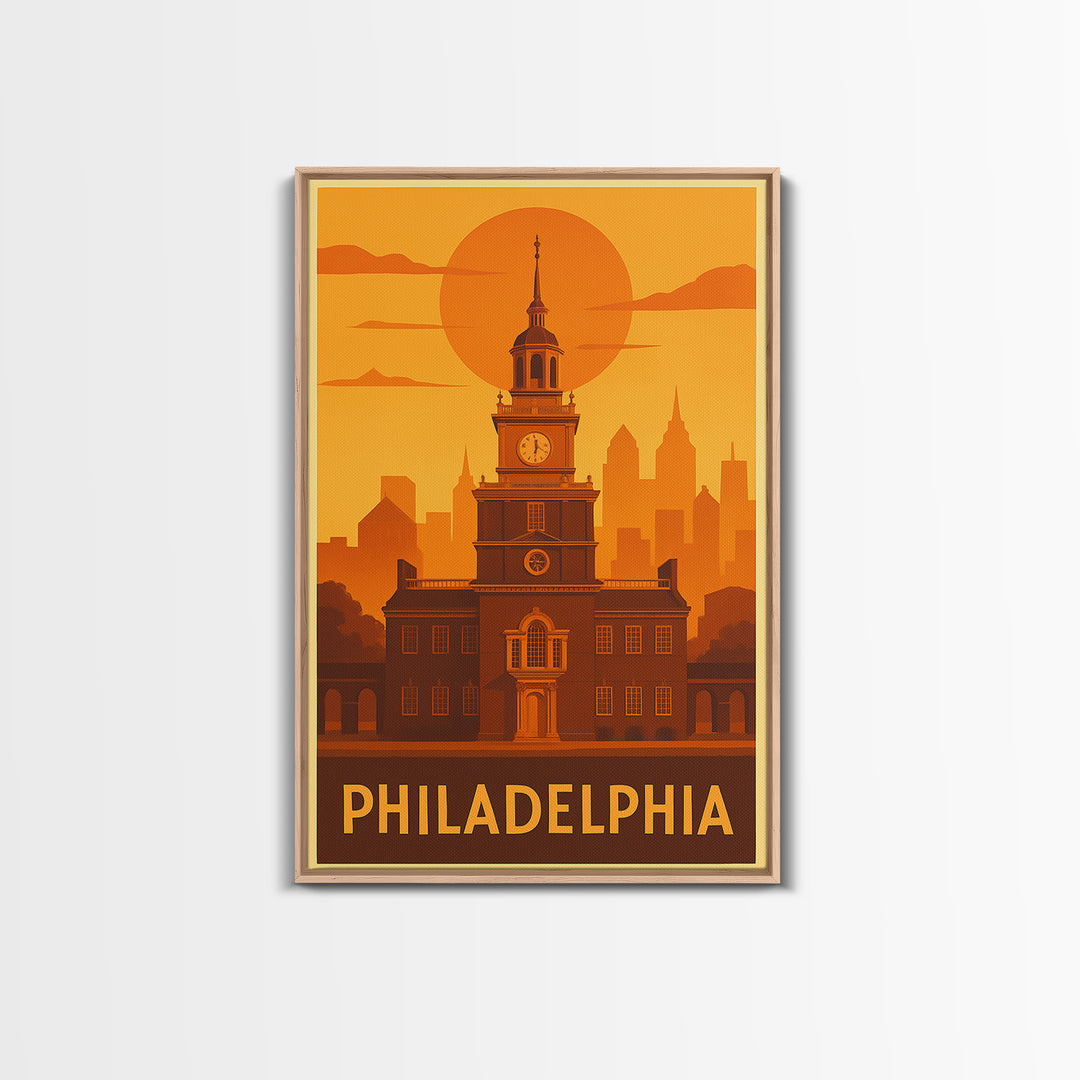 Philadelphia Travel Poster, Canvas Print, Warm Sunset Silhouette Art, Philadelphia Travel Art, Travel Art Print, Living Room Wall Art