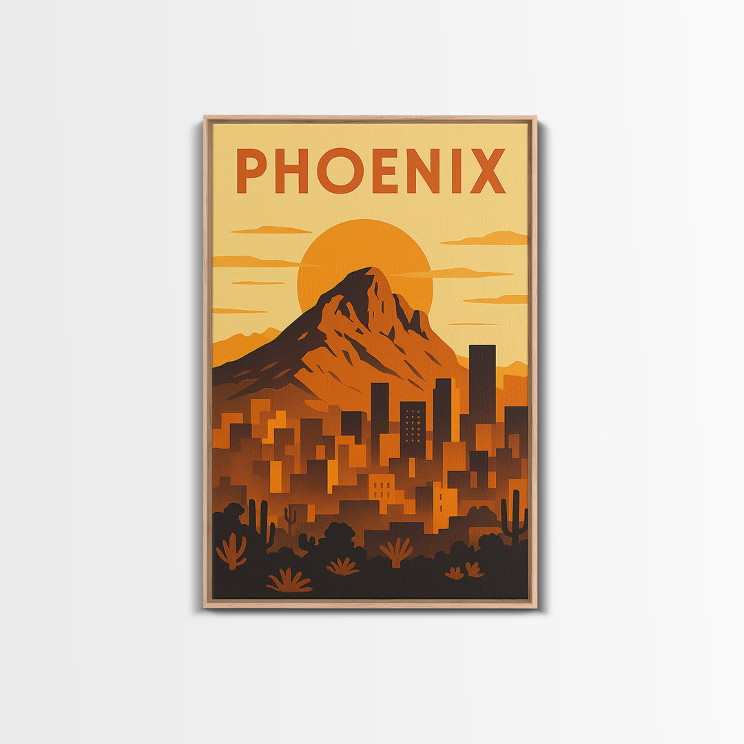 Phoenix Arizona Travel Poster, Framed Canvas Print, Gold Art Deco Poster Art, Phoenix Poster Print, City Travel Prints, Watercolor Skyline
