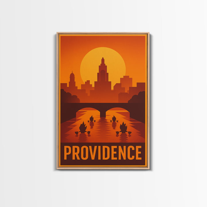 Providence Travel Poster, Framed Canvas Print, Warm Sunset Silhouette Art, Providence City Art, City Art Print, Mid Century Wall Art