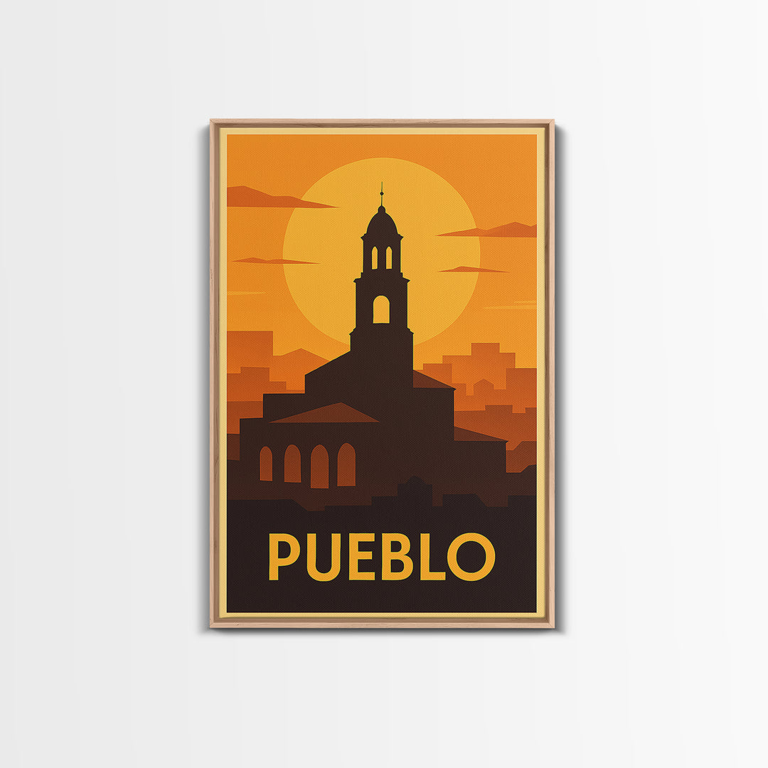 Pueblo Travel Poster, Framed Canvas Print, Gold Art Deco Poster Art, Pueblo City Art, Travel Wall Decor, Home Office Decor, Travel Print