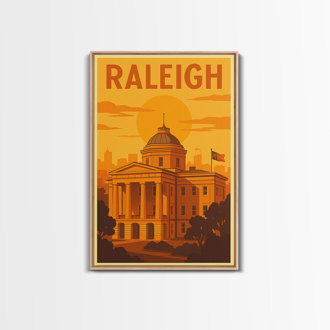 Raleigh North Carolina Travel Poster, Canvas Print, Warm Sunset Silhouette Art, Raleigh City Art, Gift For Travelers, Vintage Travel Art