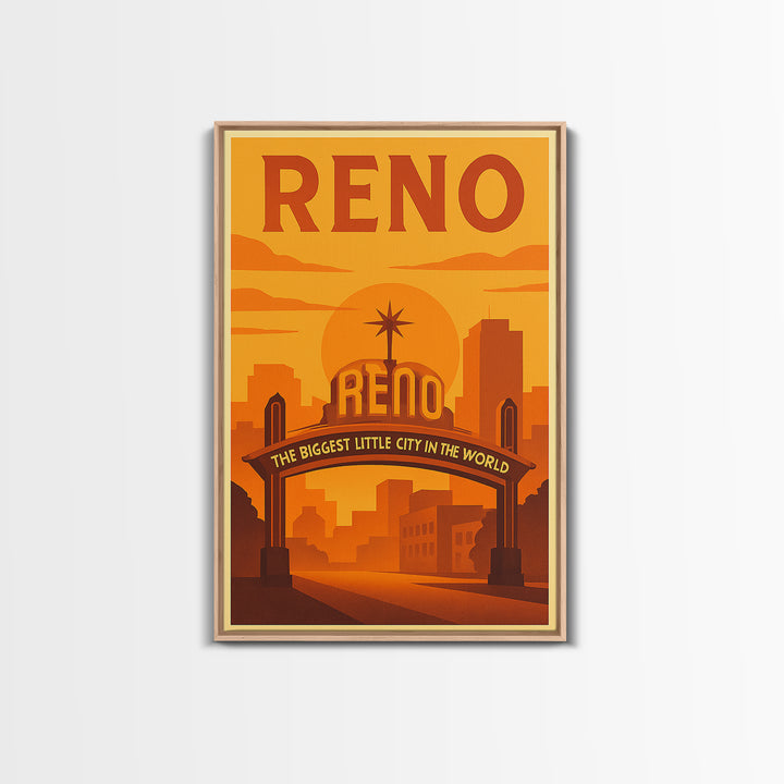 Reno Nevada Travel Poster, Canvas Print, Warm Sunset Silhouette Art, Reno Wall Art, City Art Print, Mid Century Wall Art, City Illustration