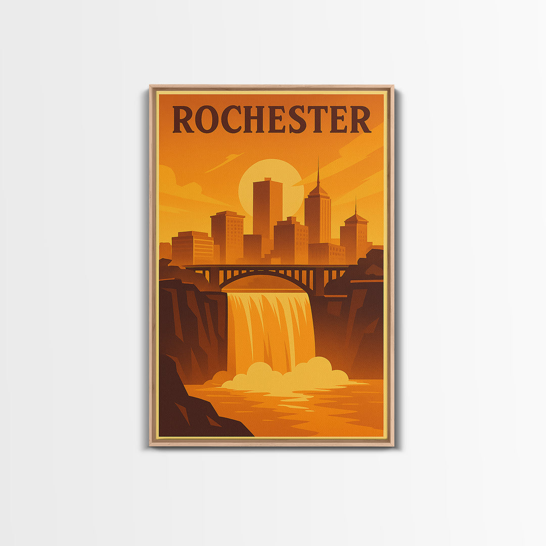 Rochester New York Travel Poster, Canvas Print, Warm Sunset Silhouette Art, Rochester Wall Art, Poster Art, City Illustration, Retro Poster