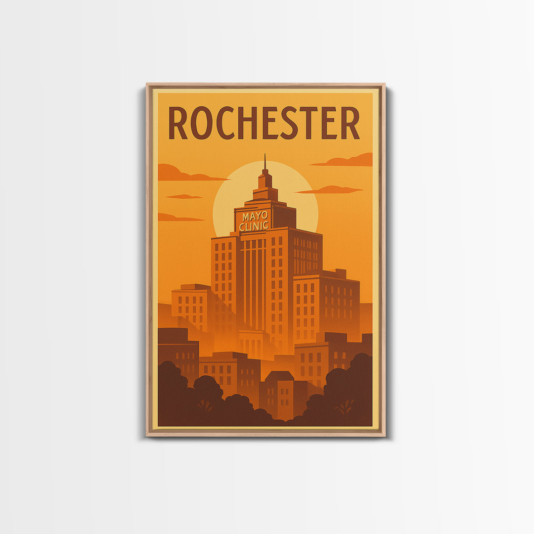 Rochester Travel Poster, Framed Canvas Print, Warm Sunset Silhouette Art, Rochester Art Print, Home Office Decor, Mid Century Wall Art