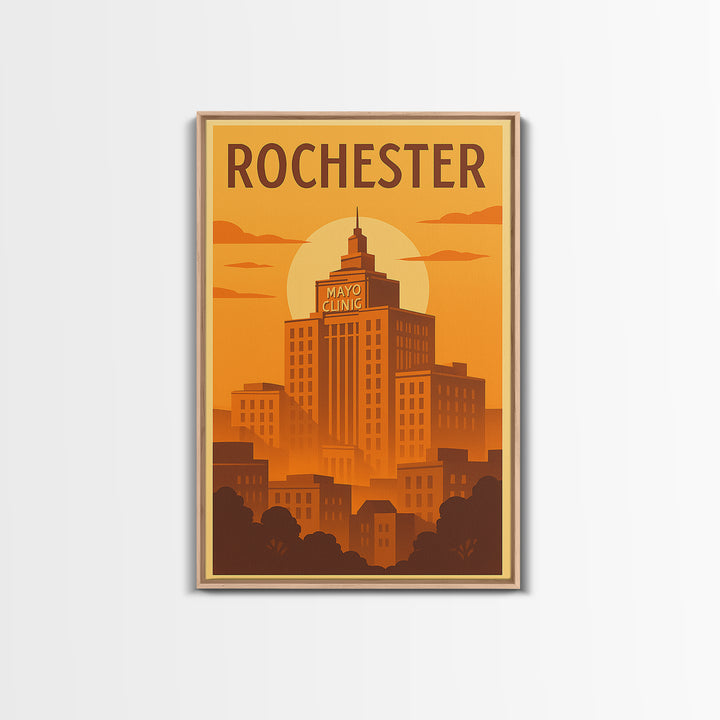 Rochester Travel Poster, Framed Canvas Print, Warm Sunset Silhouette Art, Rochester Art Print, Home Office Decor, Mid Century Wall Art