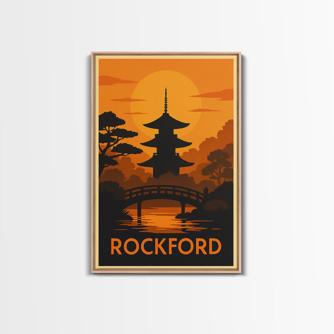 Rockford Travel Poster, Framed Canvas Print, Golden Travel Poster Art, Rockford City Art, Mid Century Wall Art, Travel Poster Set