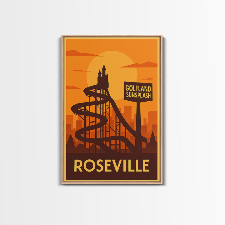 Roseville Travel Poster, Framed Canvas Print, Gold Art Deco Poster Art, Roseville Poster Print, Retro Travel Print, Vintage City Art