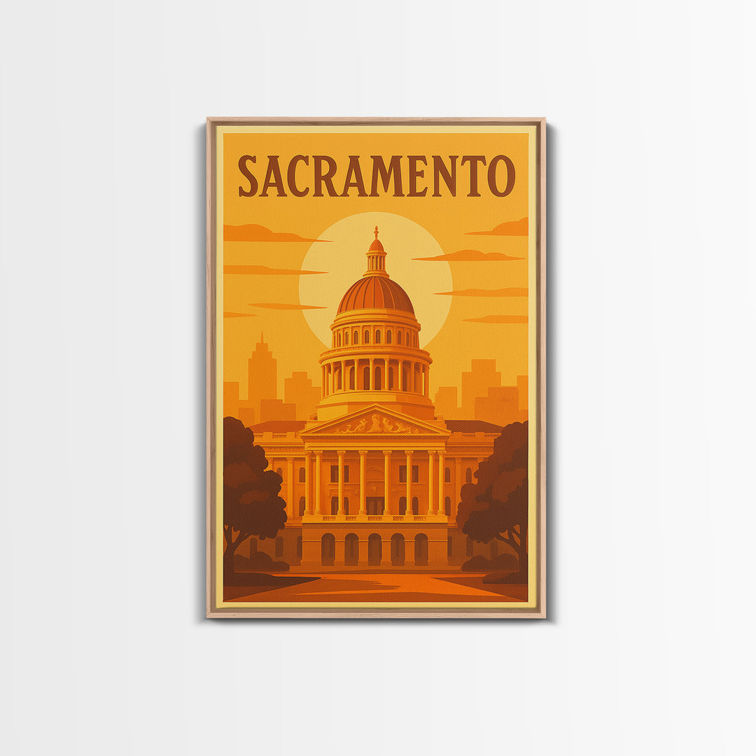 Sacramento California Travel Poster, Canvas Print, Golden Travel Poster Art, Sacramento Travel Art, Wall Art, Watercolor Downtown Skyline