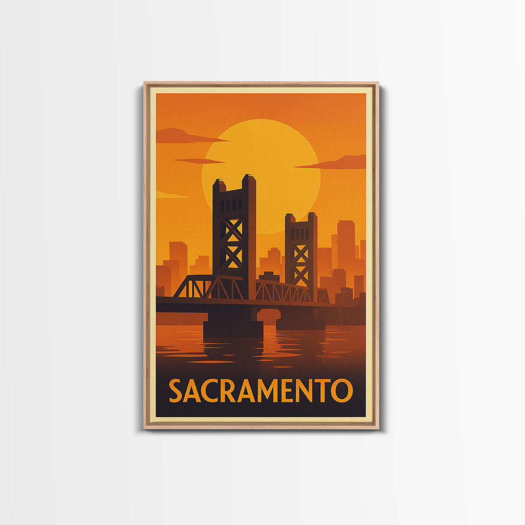 Sacramento Travel Poster, Framed Canvas Print, Warm Sunset Silhouette Art, Sacramento Art Print, City Travel Prints, Fine Art Print