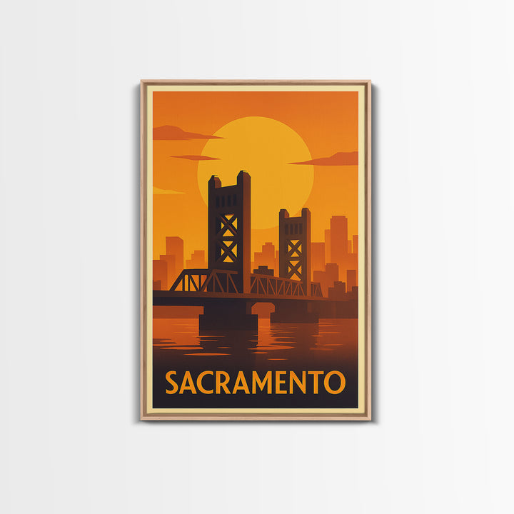 Sacramento Travel Poster, Framed Canvas Print, Warm Sunset Silhouette Art, Sacramento Art Print, City Travel Prints, Fine Art Print