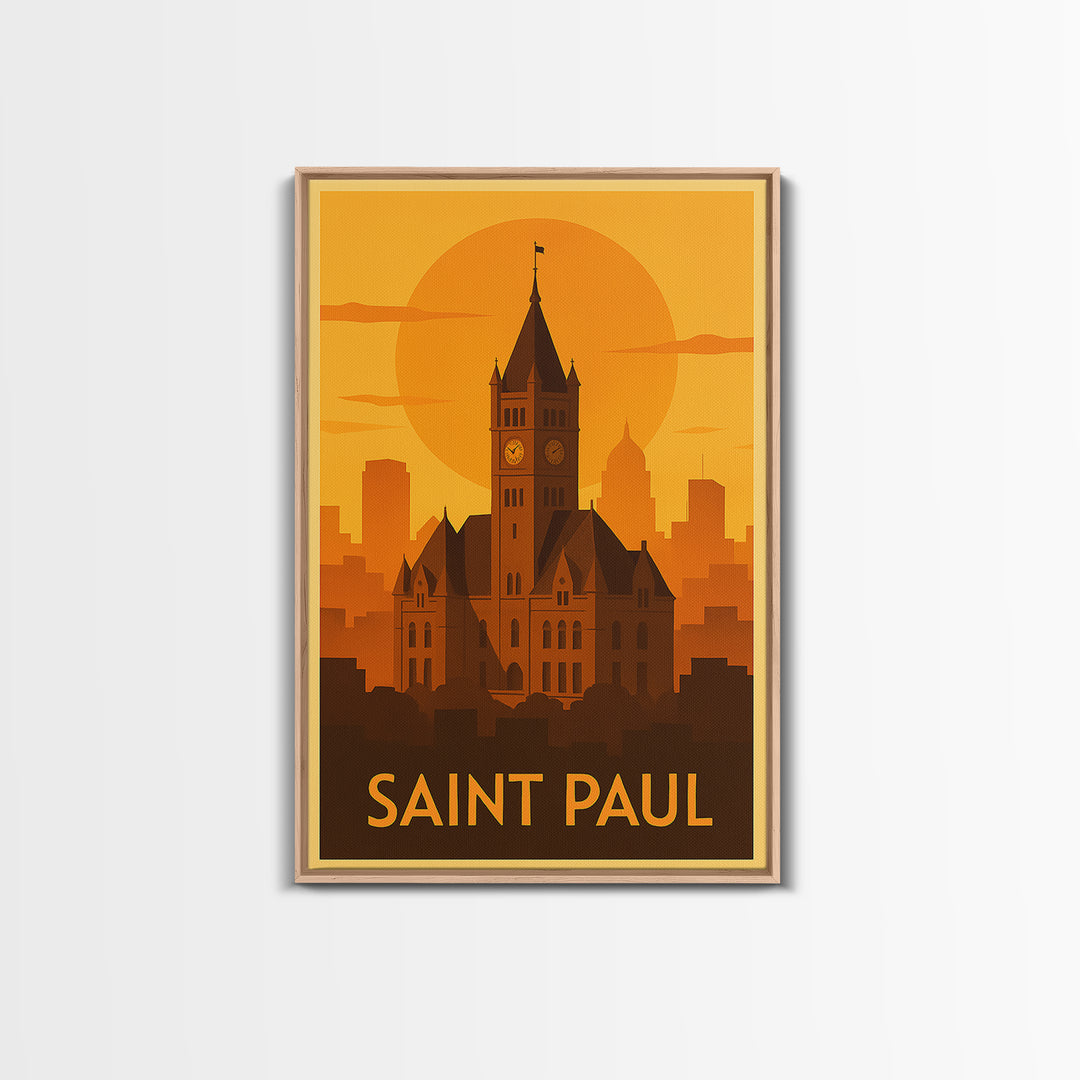 Saint Paul Travel Poster, Framed Canvas Print, Warm Sunset Silhouette Art, Saint Paul City Art, Travel Poster Set, Travel Poster Art