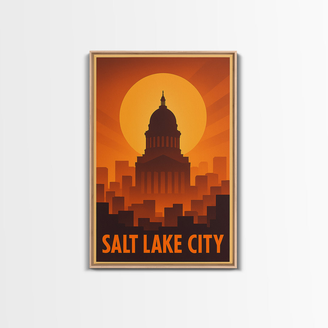 Salt Lake City Travel Poster, Framed Canvas Print, Warm Sunset Silhouette Art, Salt Lake City Travel Art, Home Office Decor, City Poster