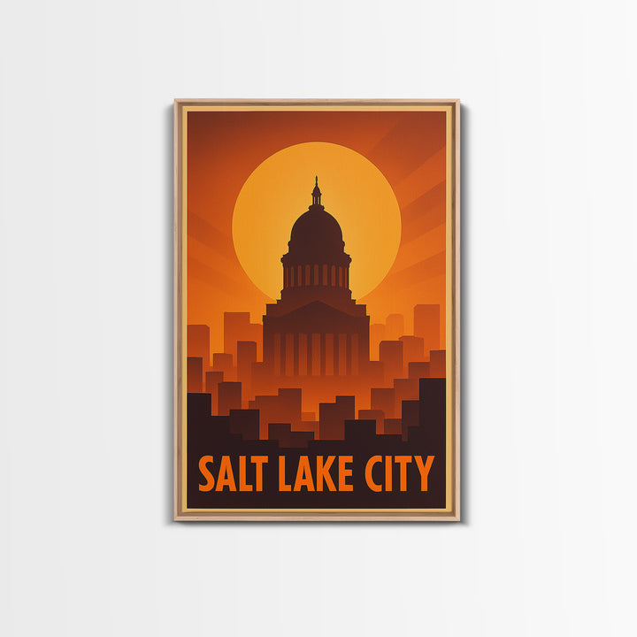 Salt Lake City Travel Poster, Framed Canvas Print, Warm Sunset Silhouette Art, Salt Lake City Travel Art, Home Office Decor, City Poster