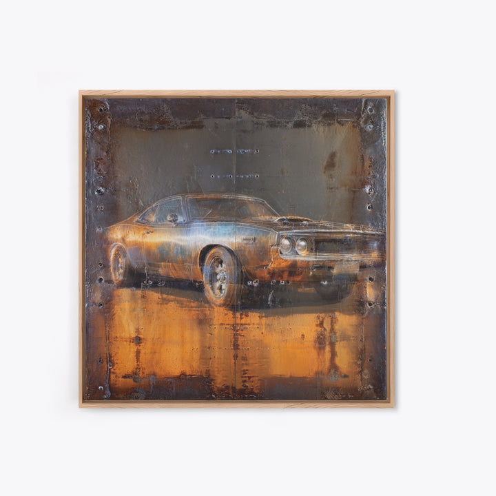 Desert Highway with Muscle Car Silhouette Framed Canvas Print, Garage Art, Garage Decor, Oil Painting, Motor, Art Print, GAR-1x1-21