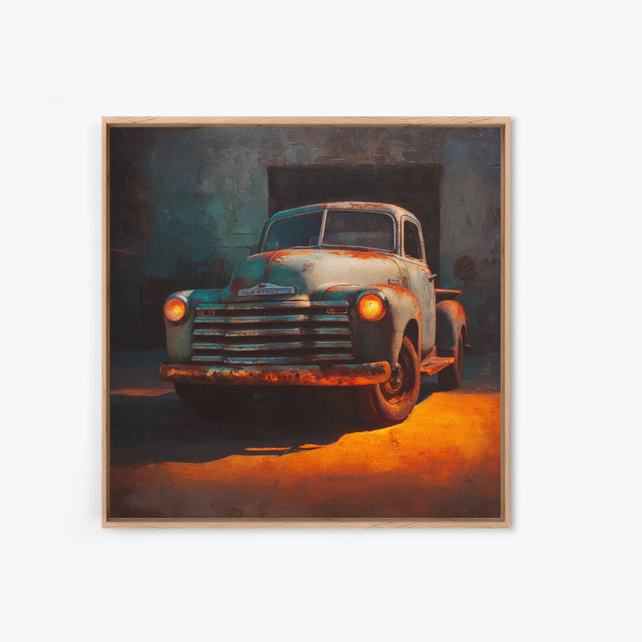 Pickup Truck in Dusty Sunset Light Framed Canvas Print, Garage Art, Tattoo Art, Garage Decor, Oil Painting, Motor, GAR-1x1-37