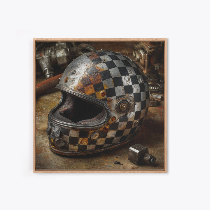 Racing Helmet with Checkered Flag Pattern Framed Canvas Print, Garage Art, Garage Art Pinup, Garage Decor, Fine Art, Motor, GAR-1x1-68