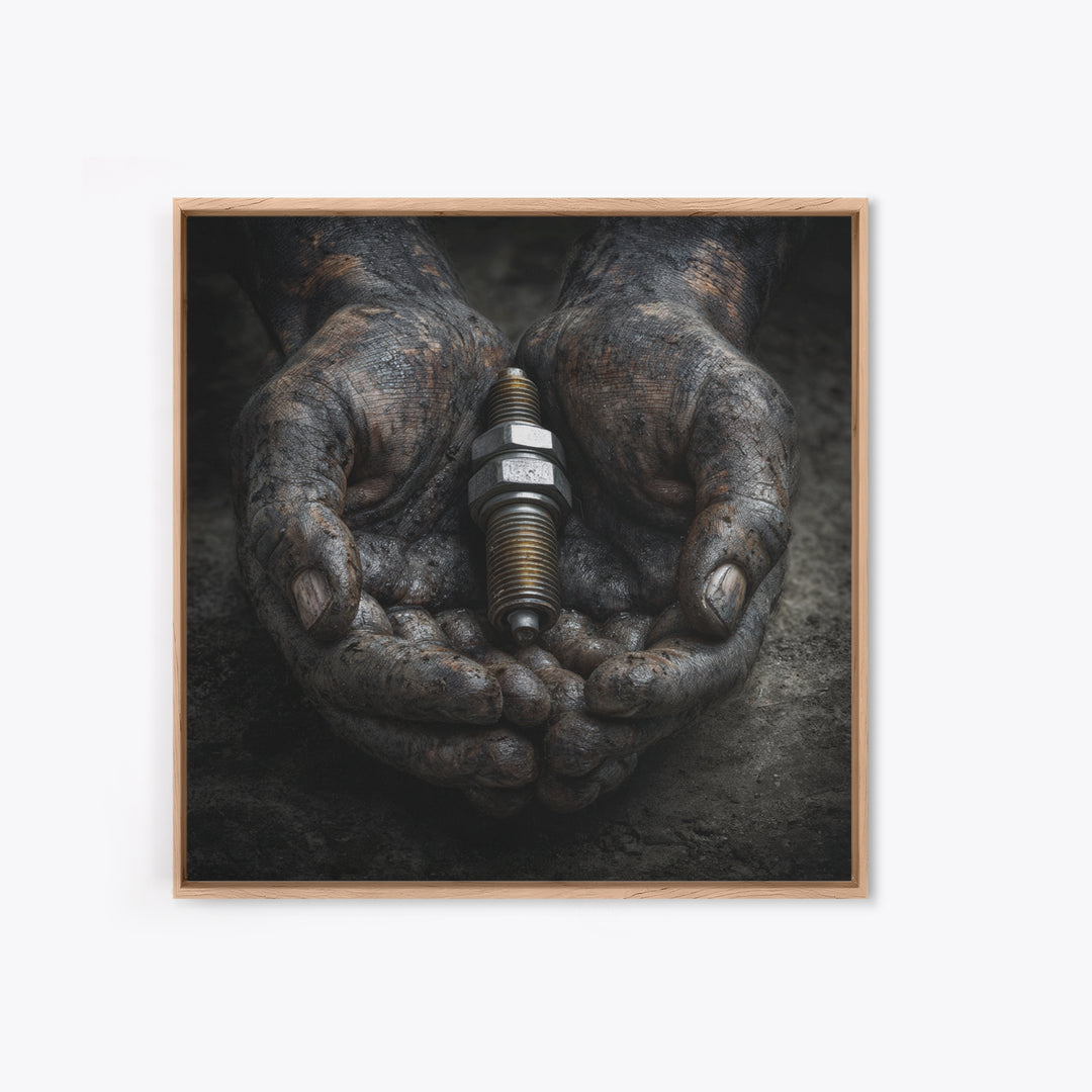 Mechanic Hands Holding a Spark Plug Framed Canvas Print, Garage Art, Gallery Decor, Garage Decor, Fine Art, Motor, GAR-1x1-78