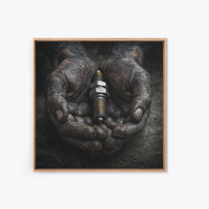 Mechanic Hands Holding a Spark Plug Framed Canvas Print, Garage Art, Gallery Decor, Garage Decor, Fine Art, Motor, GAR-1x1-78