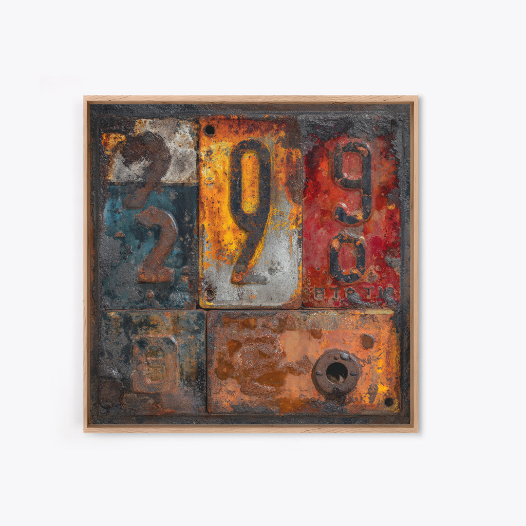 Rusty License Plate Collage Framed Canvas Print, Garage Art, Modern Decor, Garage Decor, Fine Art, Motor, Home Decor, GAR-1x1-80