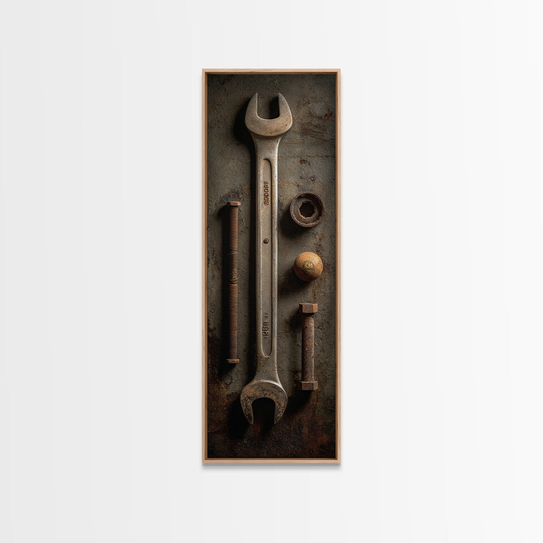 Wrench and Bolts Arranged Like Old Master Canvas Print, Garage Art, Tattoo Art, Garage Decor, Fine Art, Motor, Minimalist Decor, GAR-1x3-78