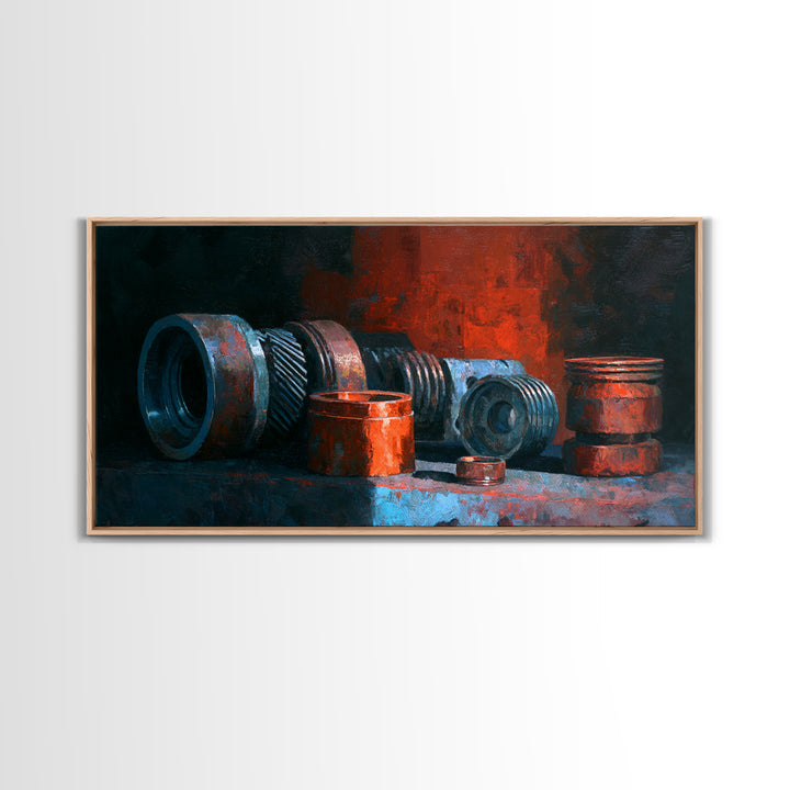 Camshaft and Gears Industrial Still Life Framed Canvas Print, Garage Art, Game Room Decor, Garage Decor, Fine Art, Motor, GAR-2x1-11