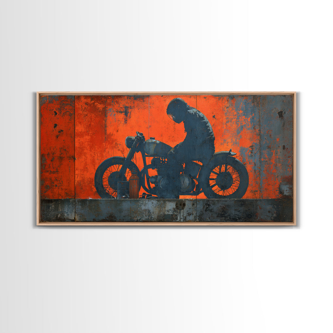Motorcycle Rider Silhouette Framed Canvas Print, Garage Art, Statement Artwork, Garage Decor, Fine Art, Motor, Wall Decor, GAR-2x1-20