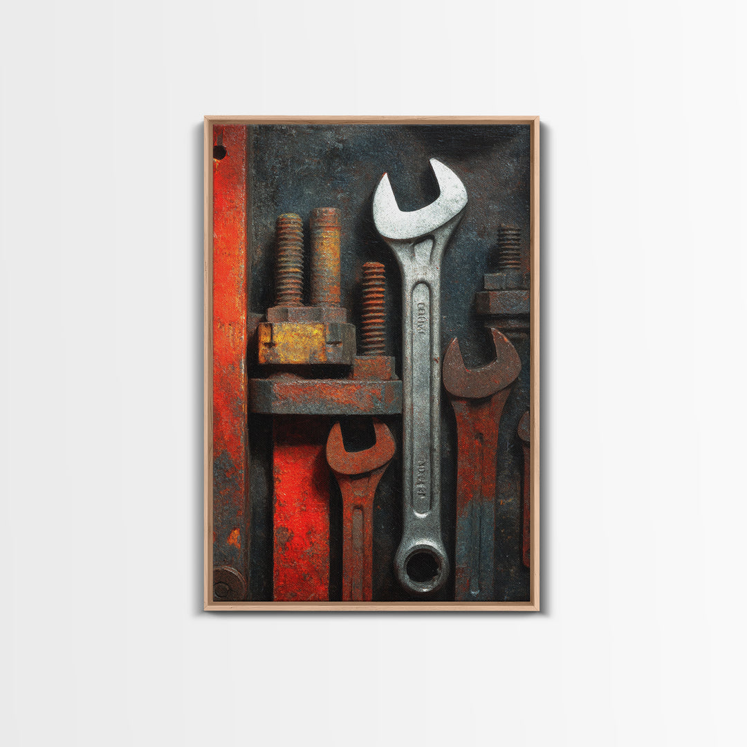Wrench and Bolts Arranged Like Old Master Framed Canvas Print, Garage Art, Boho Decor, Garage Decor, Abstract Art, Motor, GAR-2x3-2