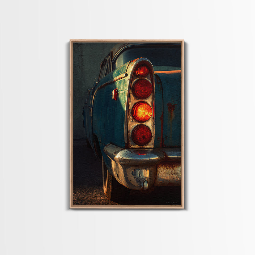 Classic Car Tail Lights Glowing at Dusk Framed Canvas Print, Garage Art, Automotive Decor, Garage Decor, Fine Art, Motor, GAR-2x3-24