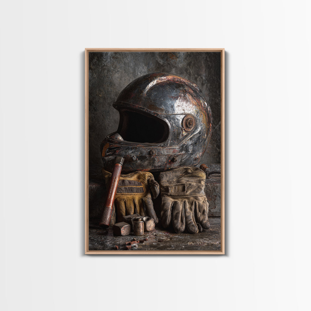 Motorcycle Helmet and Leather Gloves Still Life Framed Canvas Print, Garage Art, Decor, Garage Decor, Abstract Art, Motor, GAR-2x3-41