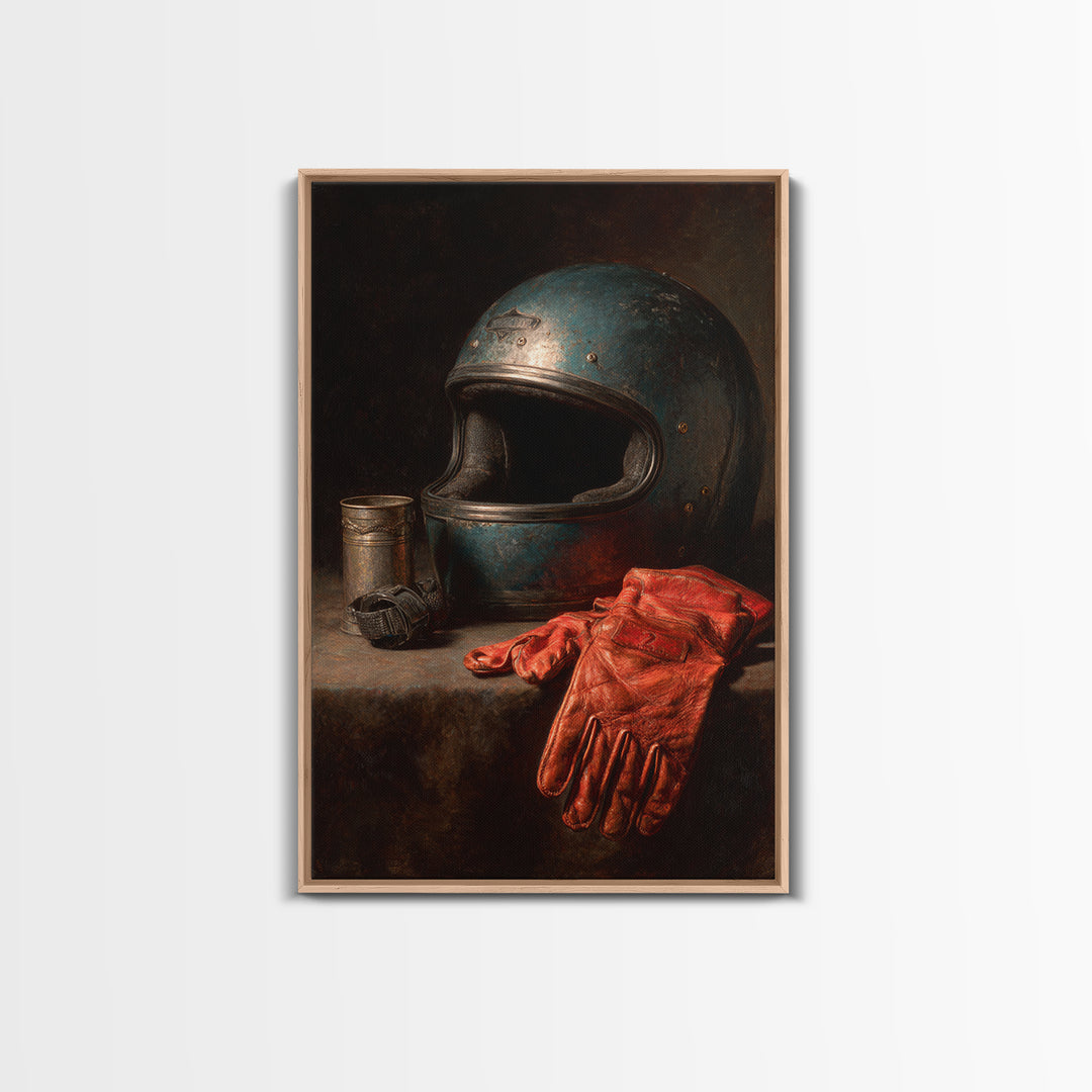 Motorcycle Helmet and Leather Gloves Still Life Canvas Print, Garage Art, Canvas Print, Garage Decor, Fine Art, Motor, GAR-2x3-65