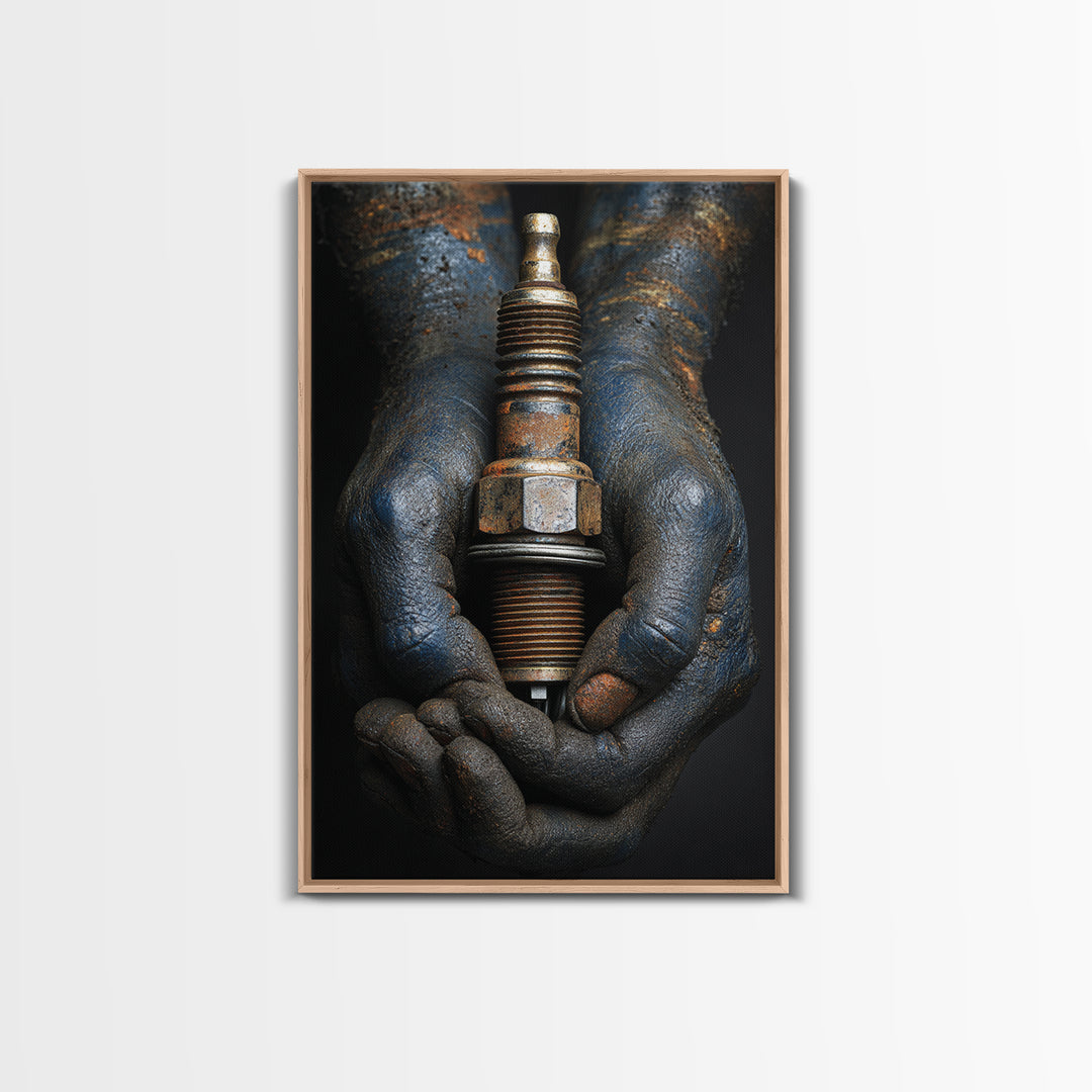 Mechanic Hands Holding a Spark Plug Canvas Print, Garage Art, Garage Decor, Abstract Art, Motor, Game Room Decor, GAR-2x3-86