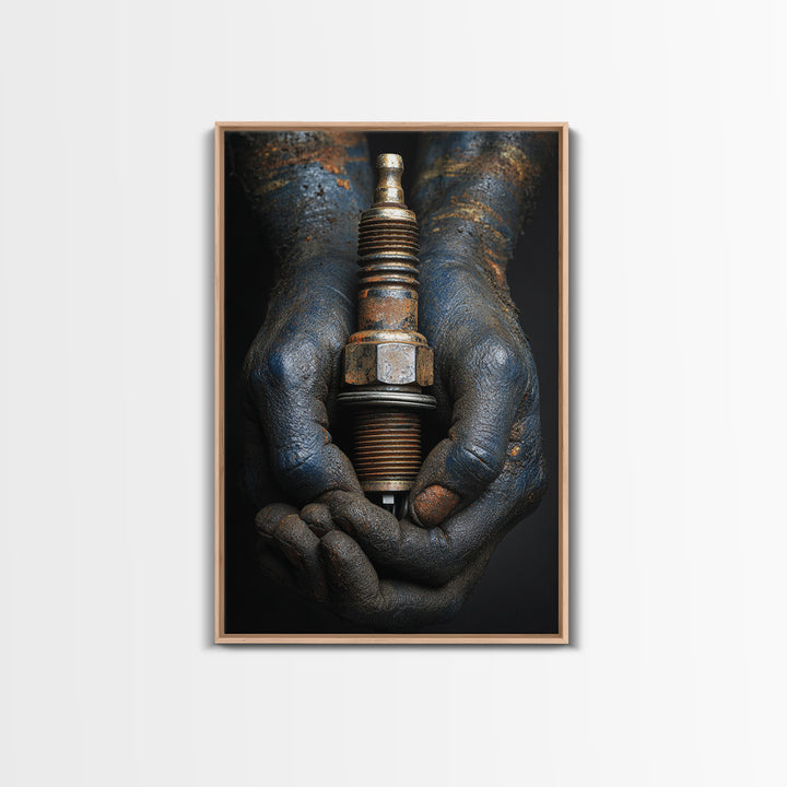 Mechanic Hands Holding a Spark Plug Canvas Print, Garage Art, Garage Decor, Abstract Art, Motor, Game Room Decor, GAR-2x3-86