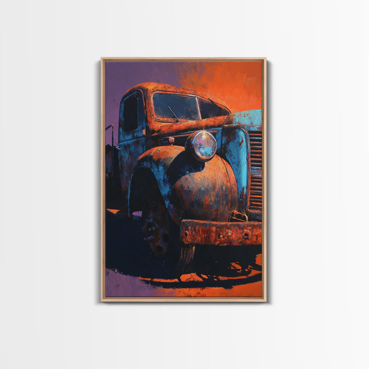 Pickup Truck in Dusty Sunset Light Framed Canvas Print, Garage Art, Metal Art, Garage Decor, Motor, Garage Art Poster Download, GAR-2x3-93