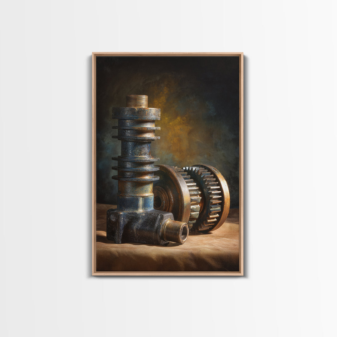Camshaft and Gears Industrial Still Life Canvas Print, Garage Art, Garage, Garage Decor, Oil Painting, Motor, Tattoo Art, GAR-2x3-95