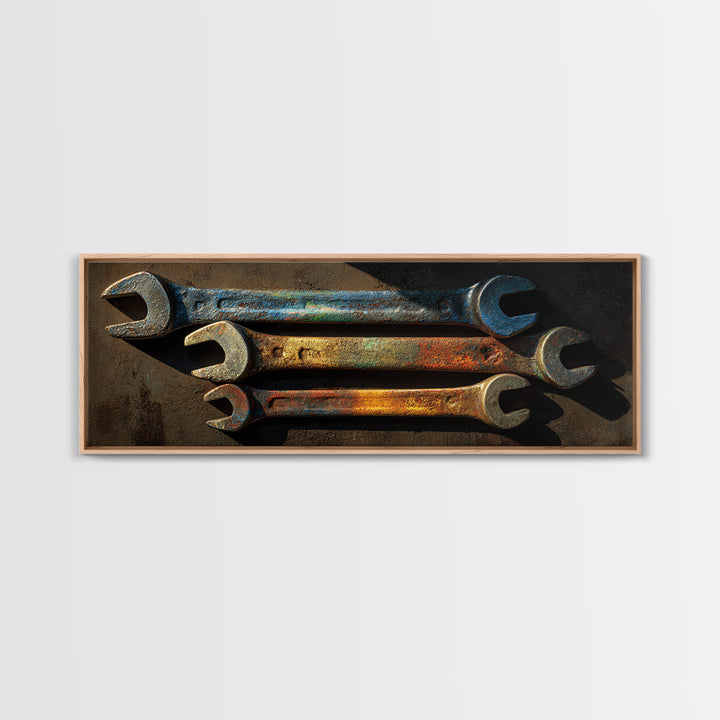 Wrench and Bolts Arranged Like Old Master Framed Canvas Print, Garage Art, Home Decor, Garage Decor, Fine Art, Motor, GAR-3x1-10