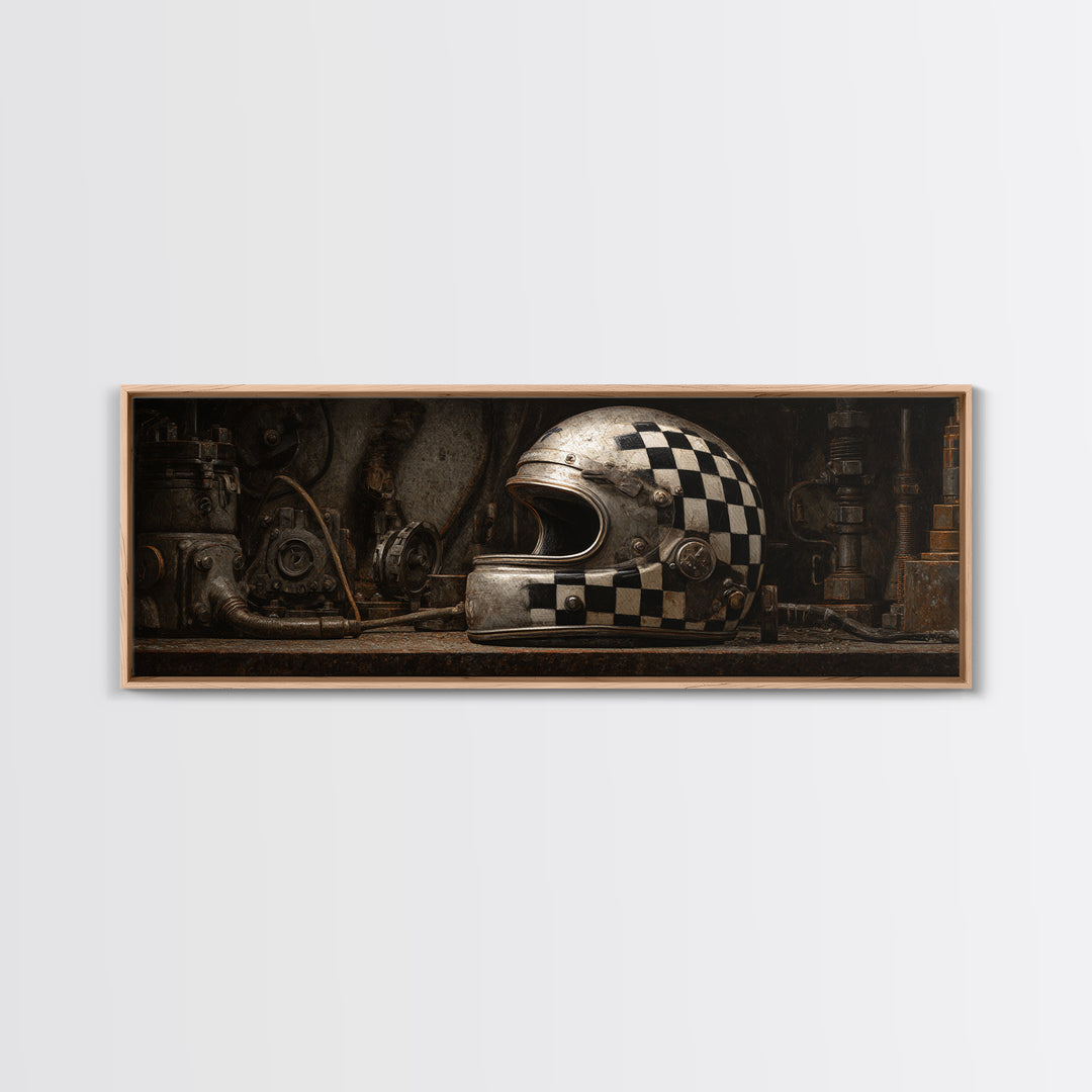 Racing Helmet with Checkered Flag Pattern Framed Canvas Print, Garage Art, Automotive Decor, Garage Decor, Fine Art, Motor, GAR-3x1-12